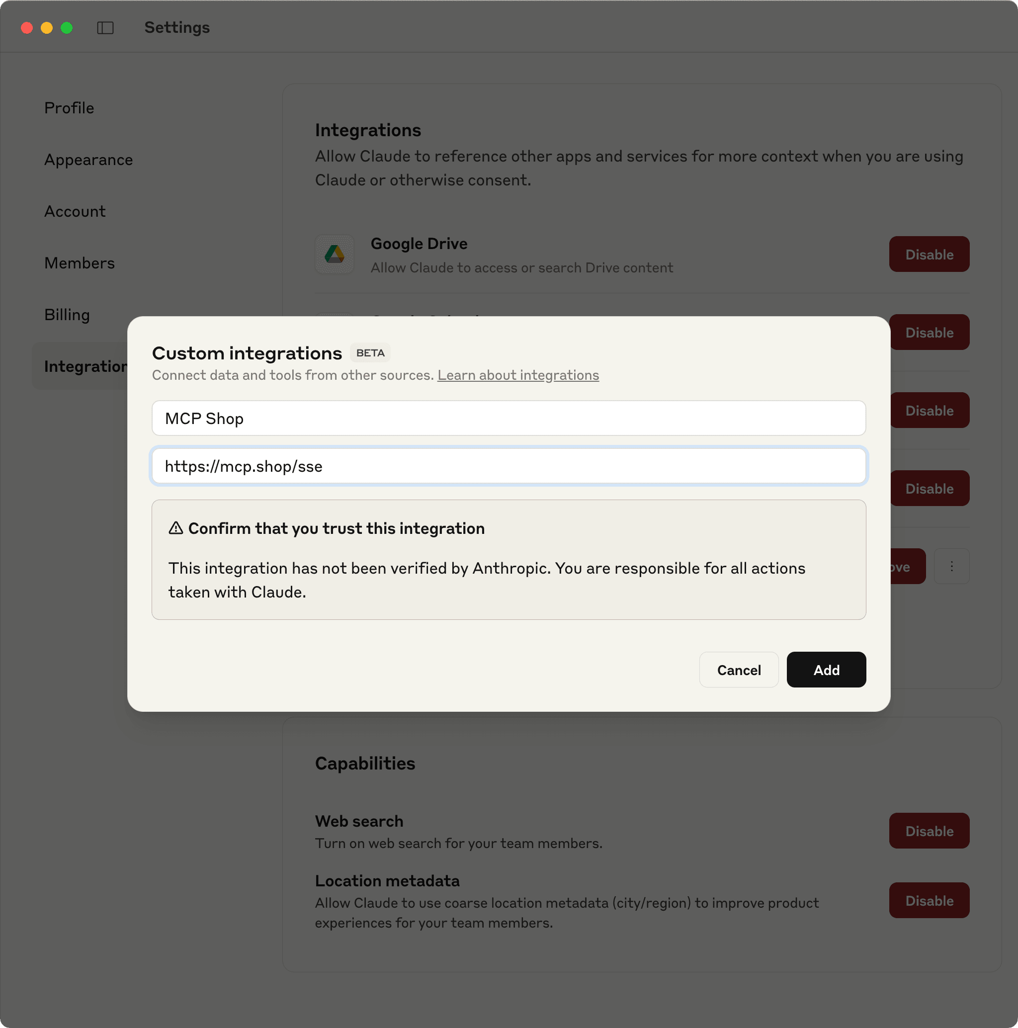 Screenshot of Claude Desktop's Settings screen, with the add-custom-integration screen showing.